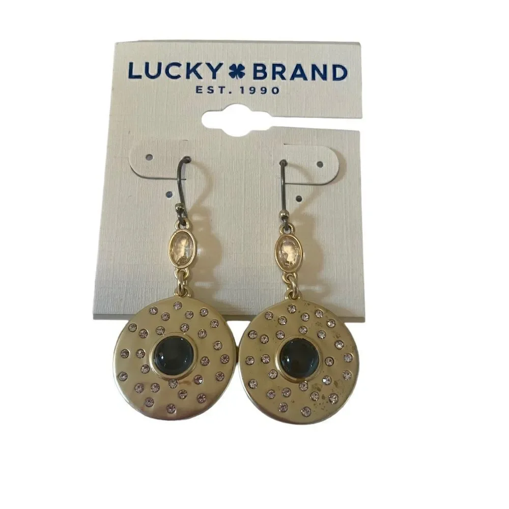 Lucky Brand Pave Disc Set Stone Drop Gold Tone Earrings.